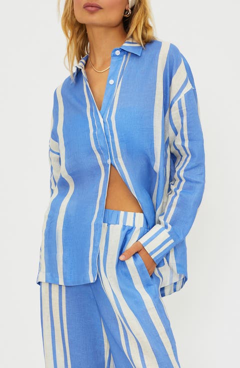 Cassidy Stripe Button-Up Linen Cover-Up Shirt