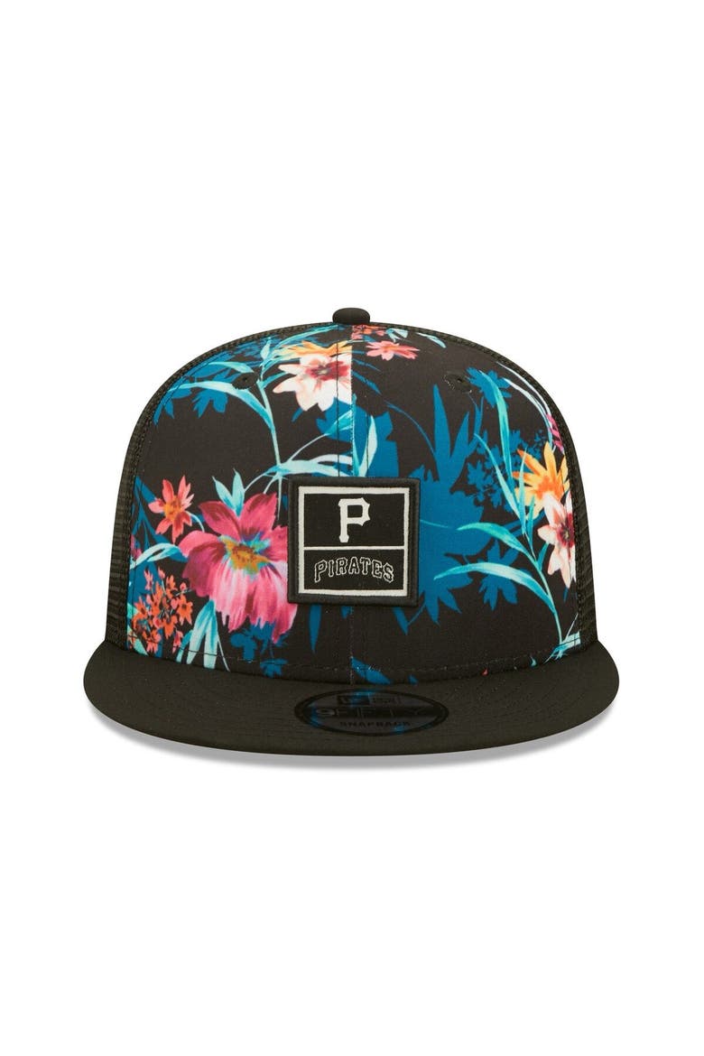 Men's New Era Black Pittsburgh Pirates Tropic Trucker 9FIFTY Snapback Hat, Alternate, color, Black
