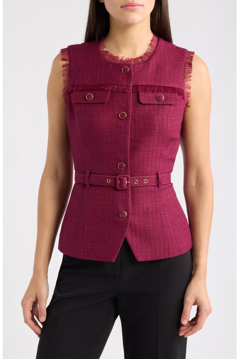 Metallic Belted Bouclé Vest, Main, color, CRANBERRY