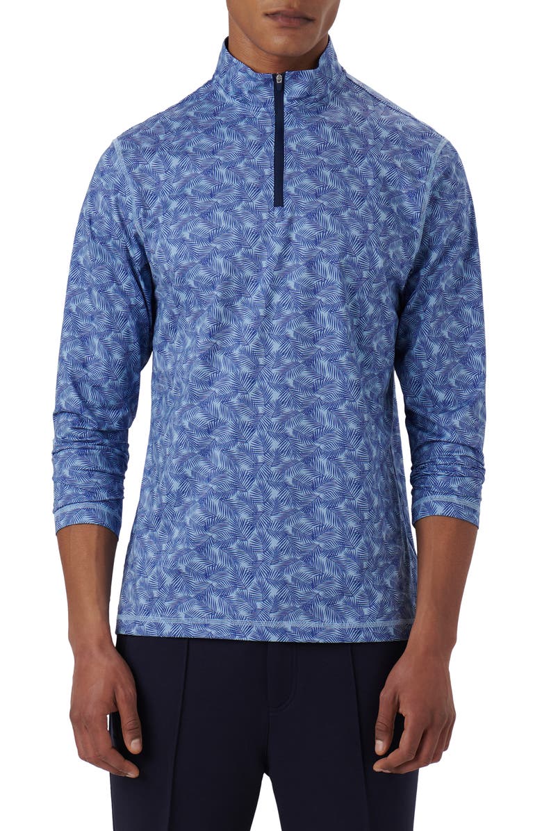 Bugatchi OoohCotton<sup>®</sup> Frond Print Stretch Cotton Quarter Zip Pullover, Main, color, Air-Blue
