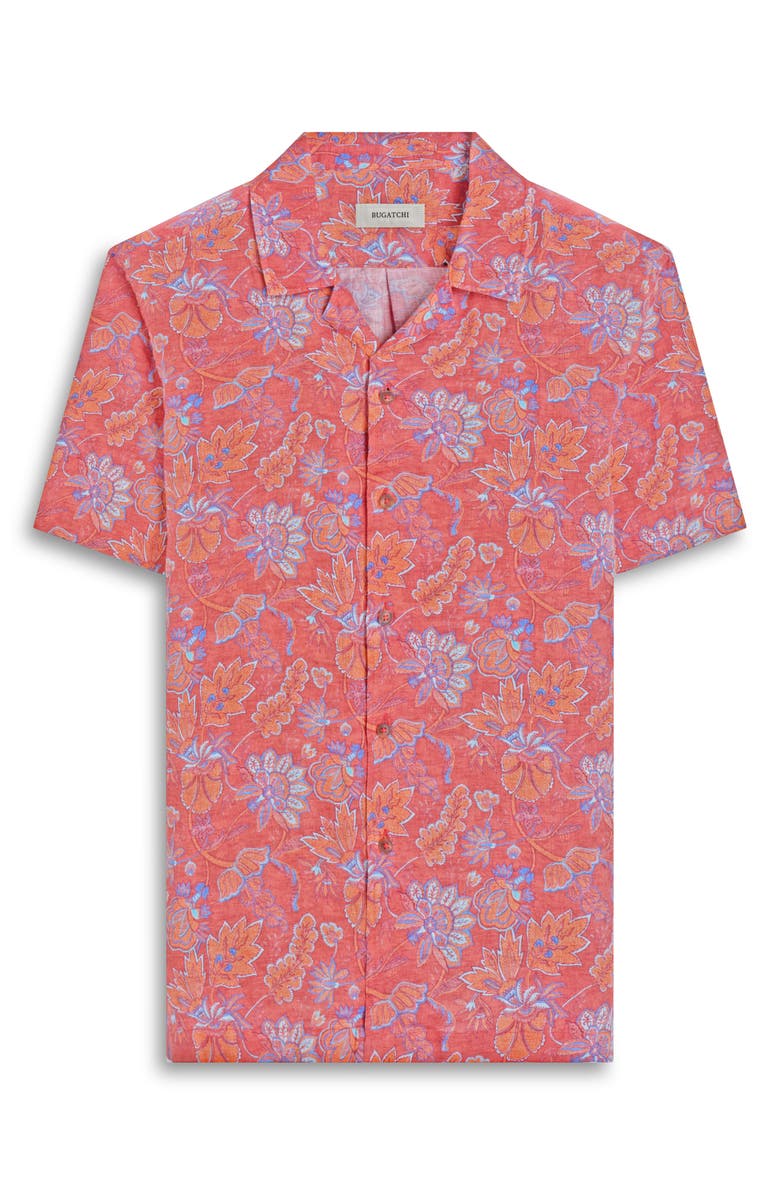 Bugatchi Jackson Floral Linen Camp Shirt, Alternate, color, Paprika