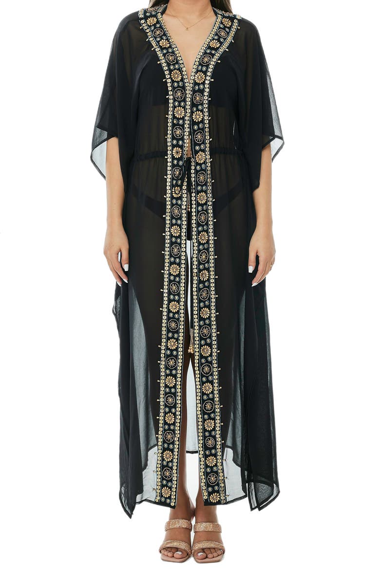RANEES Embellished Mesh Woven Kaftan Coverup, Main, color, Black