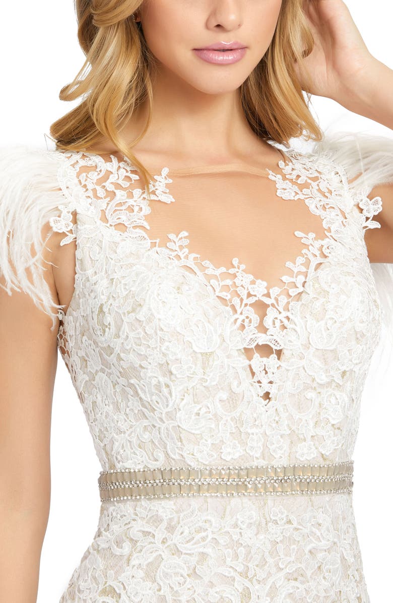 Mac Duggal Illusion Sequin Lace Feather Sleeve Mermaid Gown, Alternate, color,