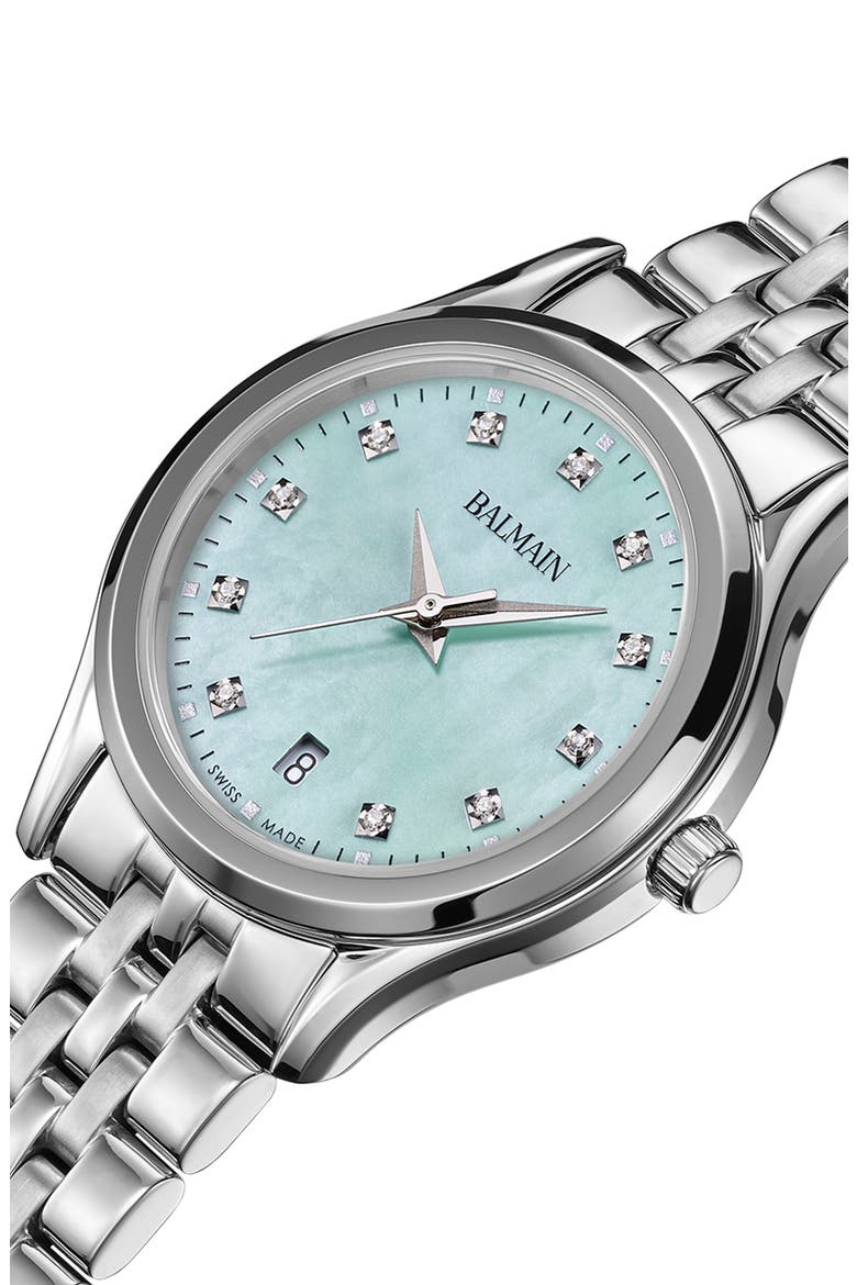 Beleganza Diamond & Mother-of-Pearl Bracelet Watch, 27.5mm, Alternate, color, MINT MOP STAINLESS STEEL