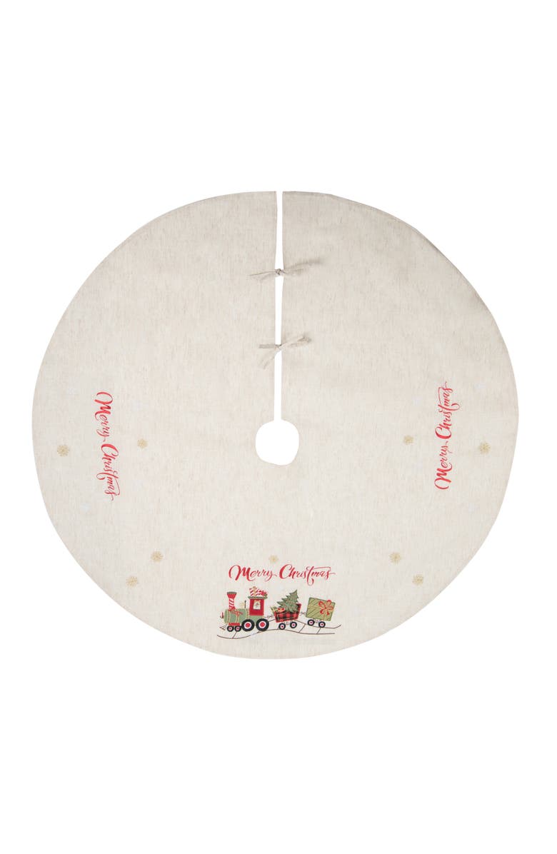 C&F Home "Merry Christmas" Vintage Toy Train 100% Polyester Christmas Tree Skirt 51", Main, color, Beige