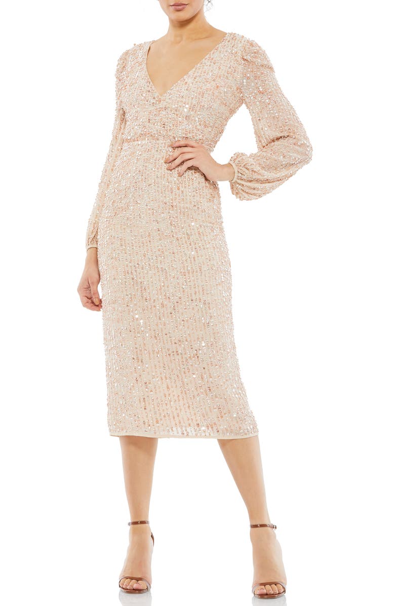 Mac Duggal Sequin Long Sleeve Cocktail Midi Dress, Main, color,