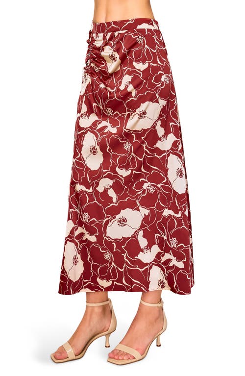 Melloday Floral Satin Ruched Midi Skirt In Rust Stone Floral