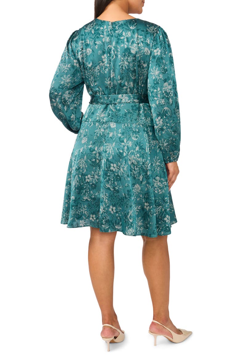 Long Sleeve Floral Print Fit & Flare Dress, Alternate, color, DEEP EMERALD