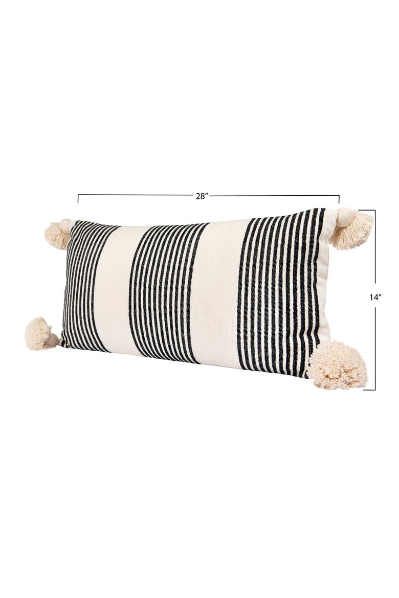Cotton and Chenille Woven Striped Lumbar Pillow with Tassels, Black and Cream, Alternate, color, Black