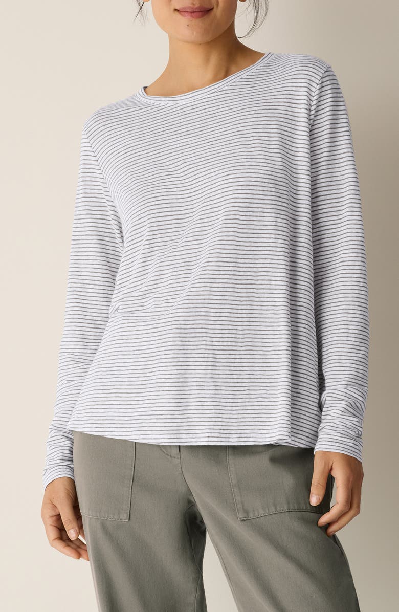 Eileen Fisher Stripe Organic Linen Long Sleeve T-Shirt, Main, color, Bay Leaf