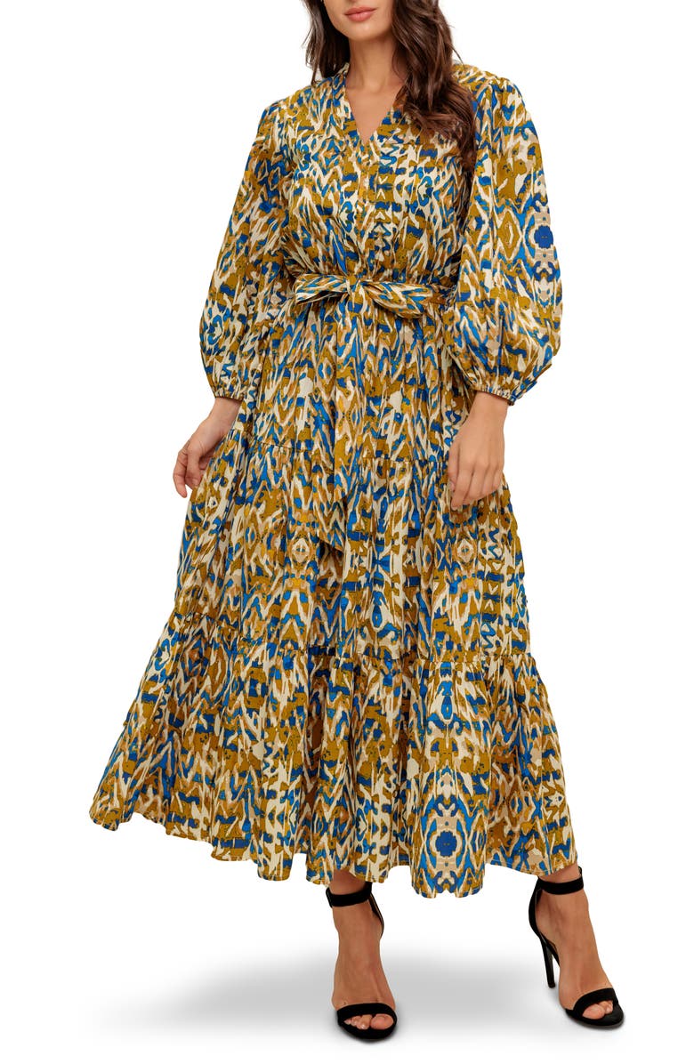 FLYING TOMATO Long Sleeve Tiered Cotton Poplin Maxi Dress, Main, color,