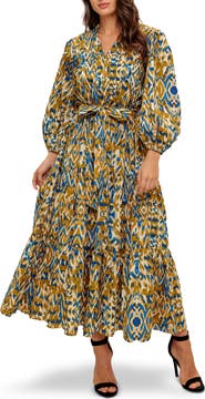 FLYING TOMATO Long Sleeve Tiered Cotton Poplin Maxi Dress