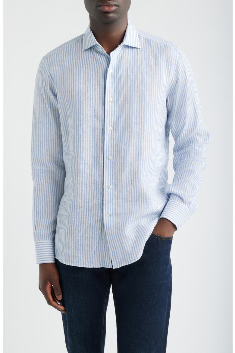 Crown Crafted Astino Lino Stripe Linen Button-Up Shirt, Main, color, BLUE FROST