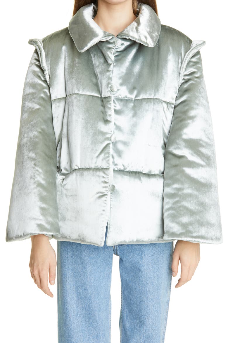 Galactic Velvet Puffer Coat, Main, color, SEAFOAM