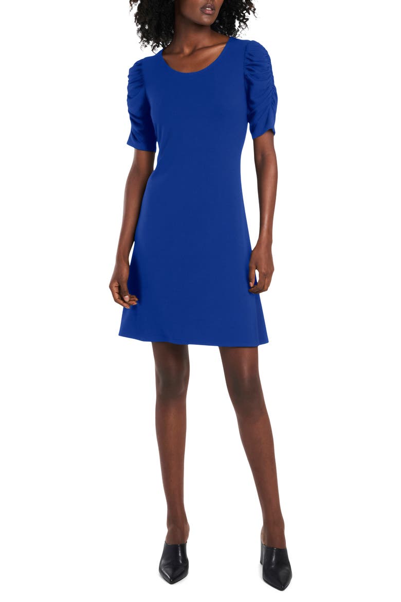 Ruched Sleeve Ponte Knit A-Line Dress, Main, color, DEEP ROYAL BLUE