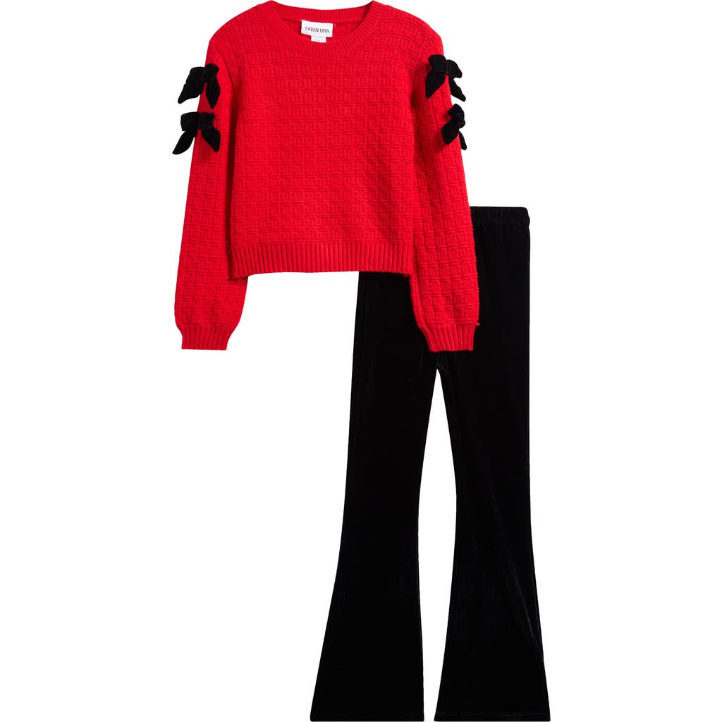 Tween Diva Kids' Bow Textured Velvet Sweater & Flared Leggings Set In Black