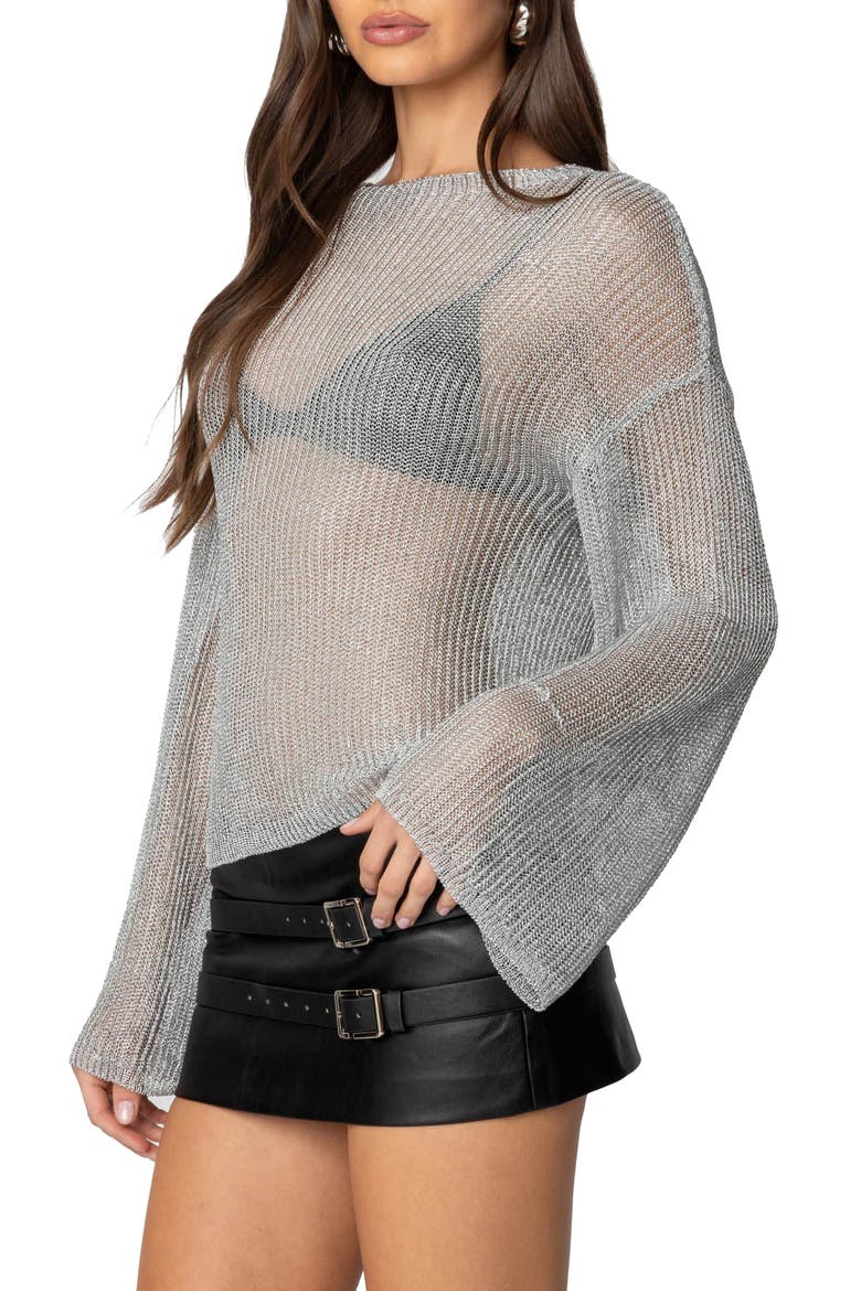 Sheer Bell Sleeve Sweater, Alternate, color, SILVER