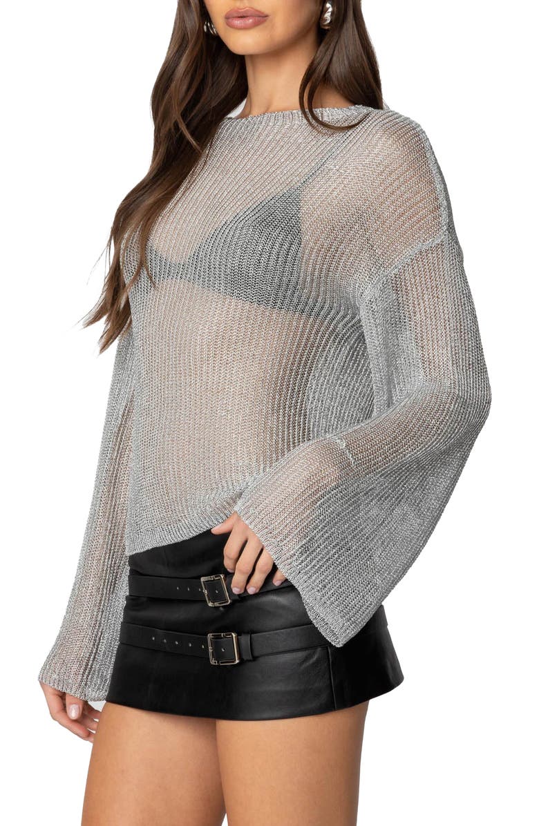 EDIKTED Sheer Bell Sleeve Sweater, Alternate, color, Silver