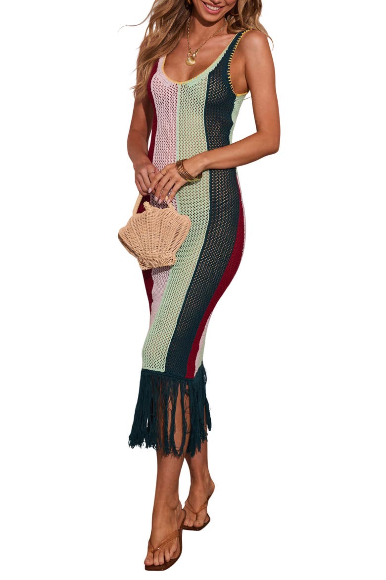 Marrion Stripe Open Stitch Fringe Midi Dress, Alternate, color, MULTI
