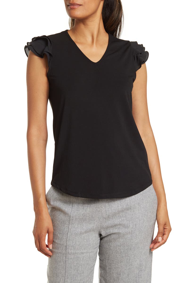 Adrianna Papell V-Neck Tiered Ruffle Sleeve Crepe Knit Top, Main, color,