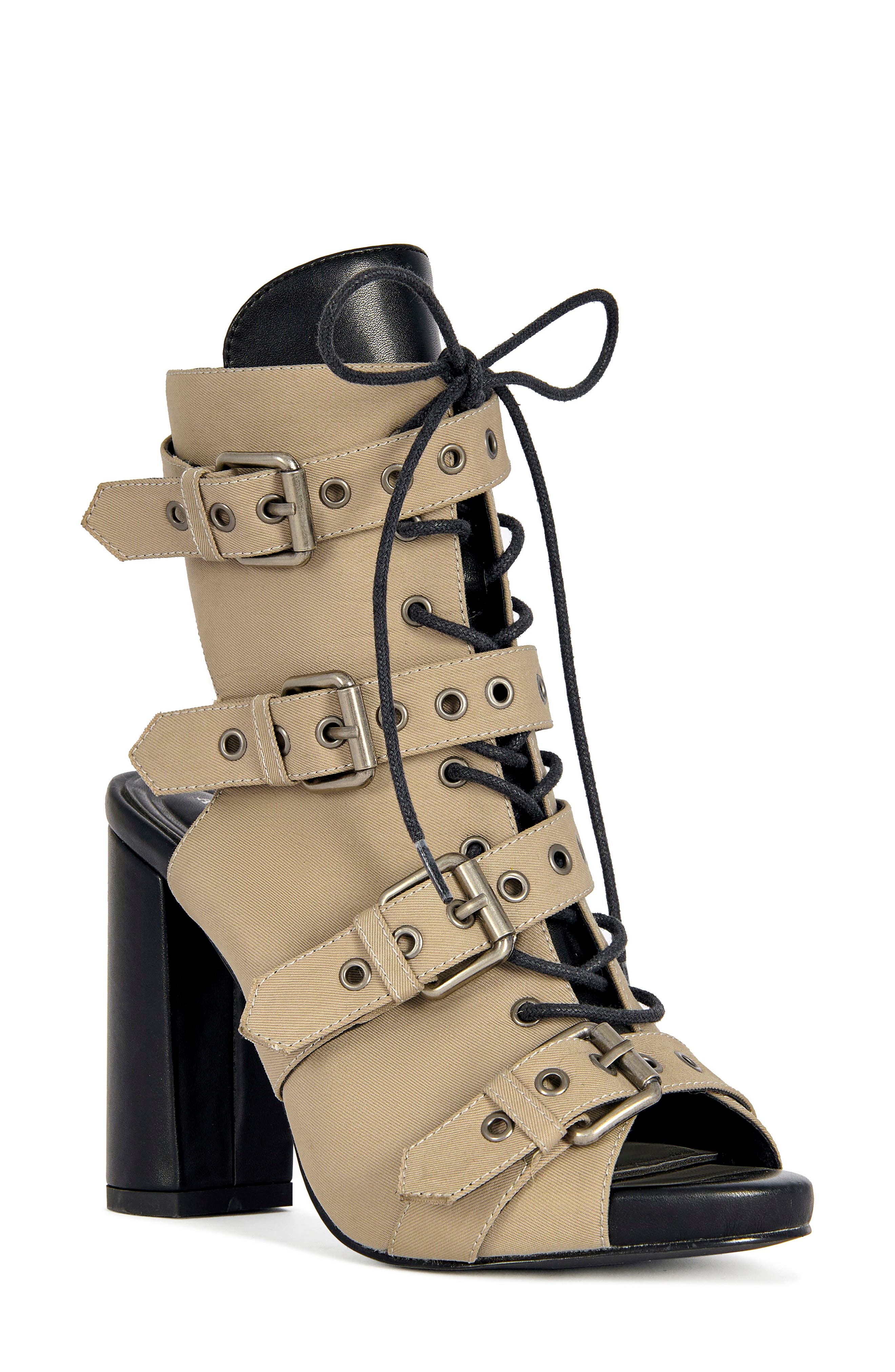 AZALEA WANG Loom Open-Toe Bootie, Main, color, Taupe