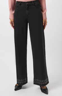 Studded Hem High Waist Wide Leg Jeans