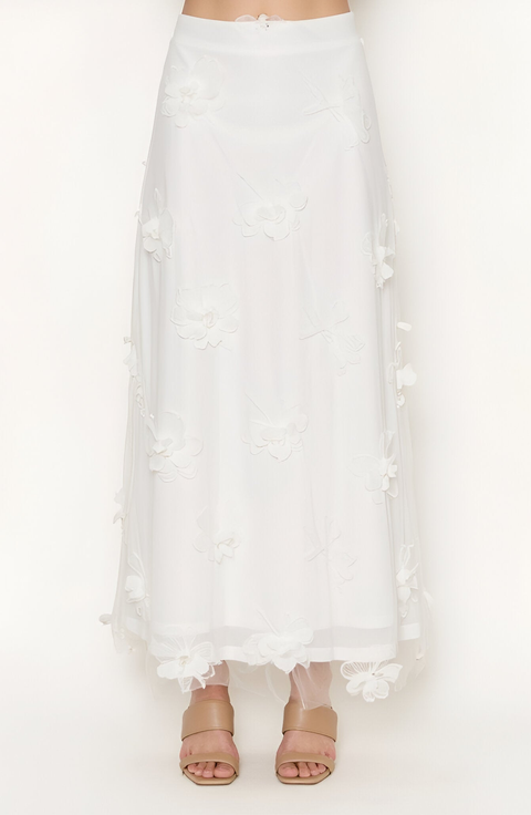Embroidered Mesh Maxi Skirt with 3D Floral Appliqué