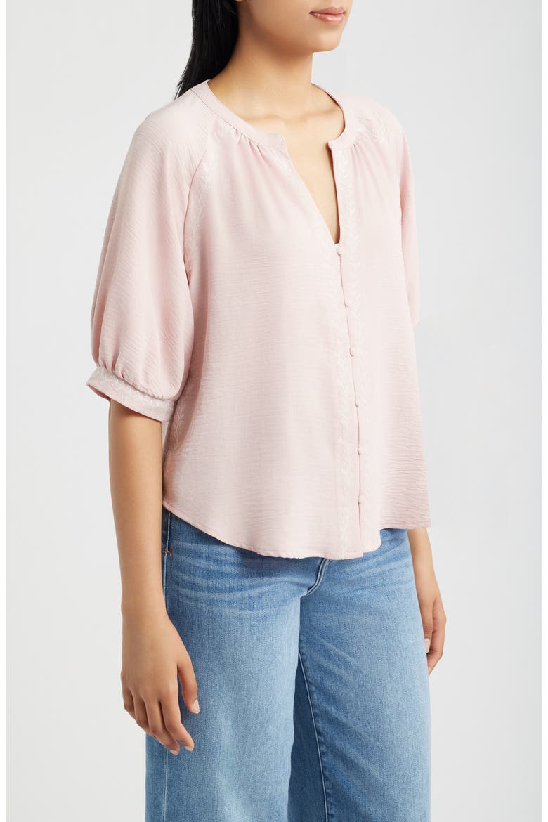 Embroidered Button-Up Top, Alternate, color, DUSTY PINK/ WHITE