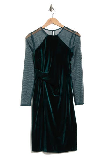 Vince Camuto Long Sleeve Ruched Velvet Body-con Dress In Green