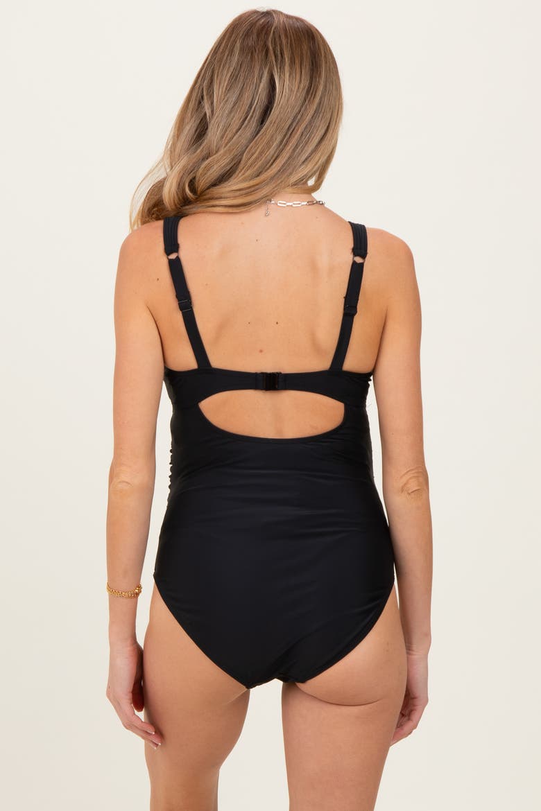 Ruched Deep V-Neck Maternity One Piece Swimsuit, Alternate, color, Black