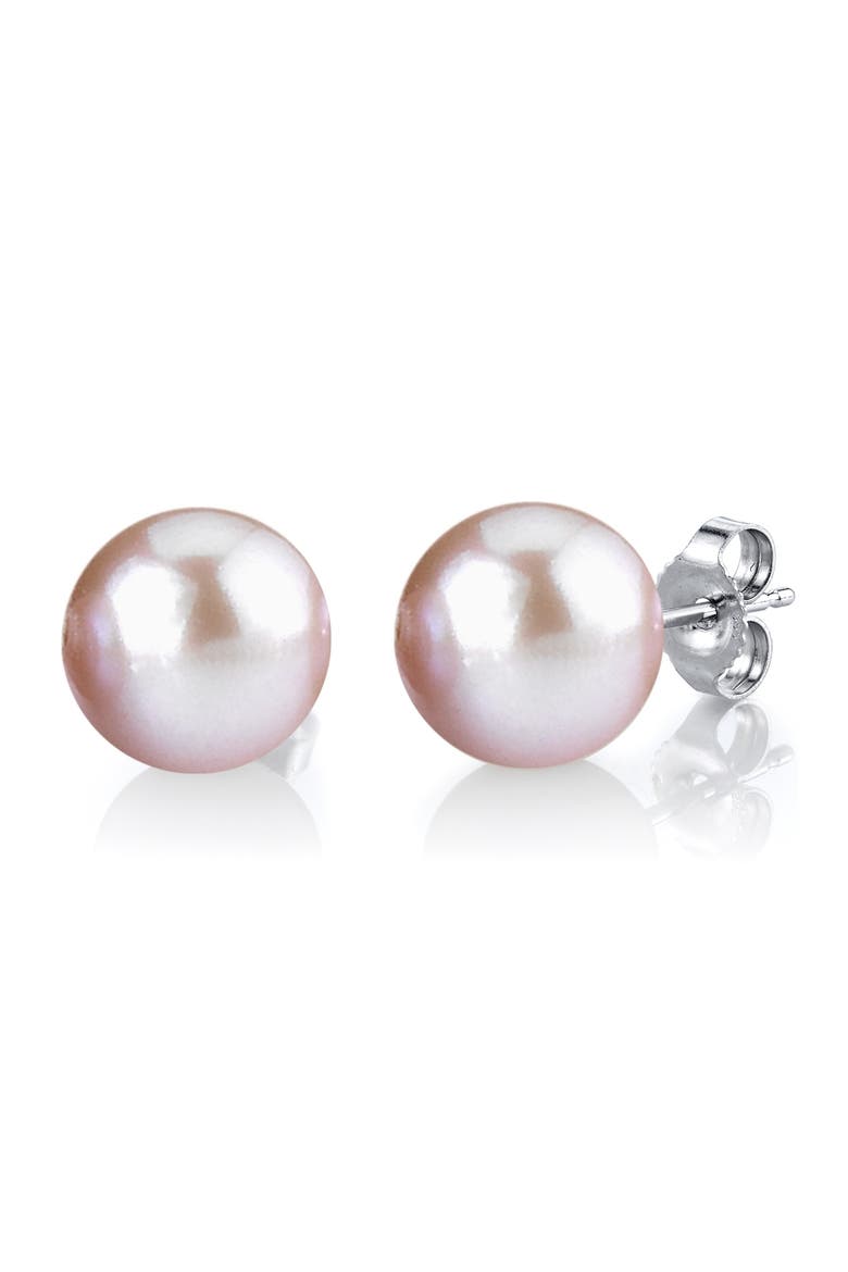 10mm Pink Freshwater Round Pearl Stud Earrings, Main, color, White Gold