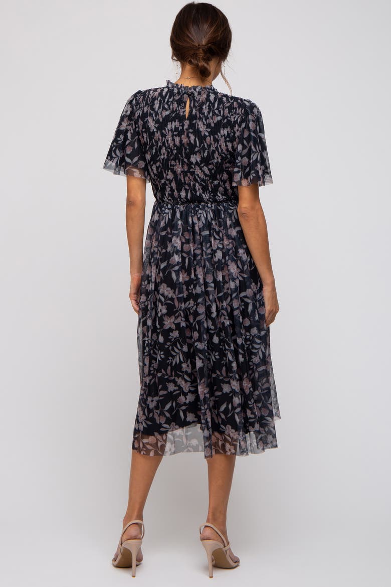 Floral Smocked Mesh Knit Midi Dress, Alternate, color, Black