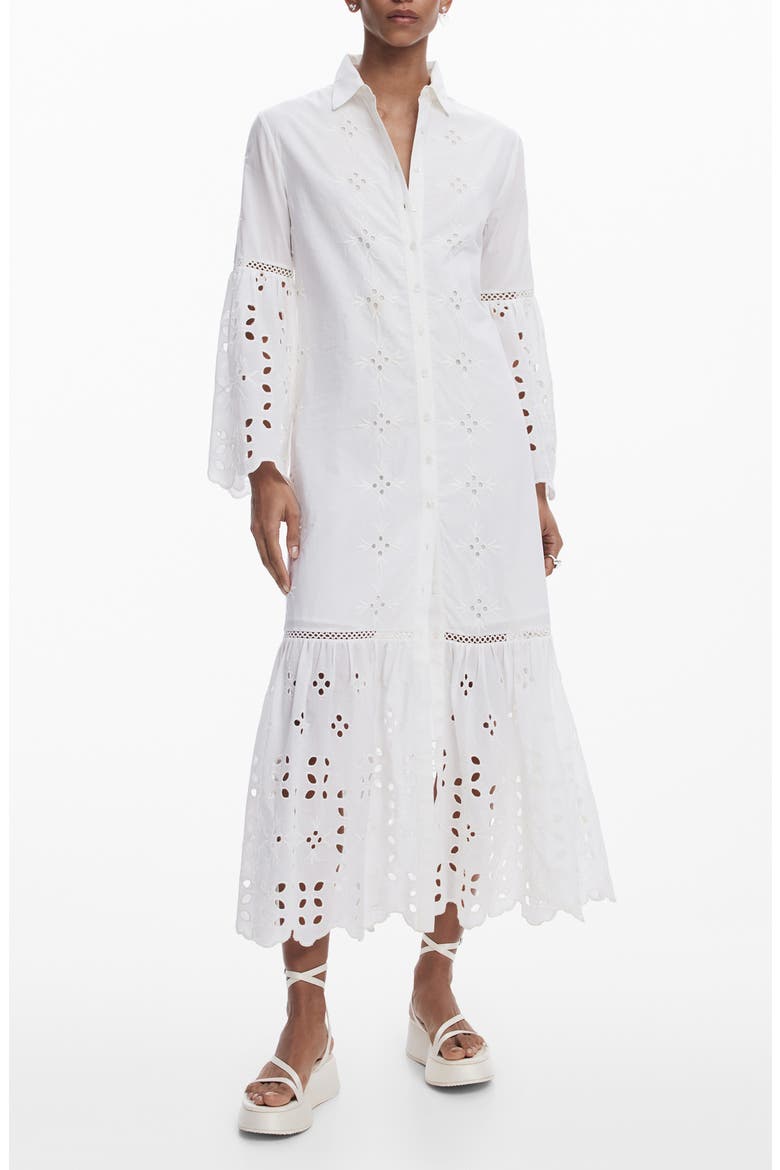 Eyelet Embroidery Long Sleeve Cotton Dress, Main, color, WHITE