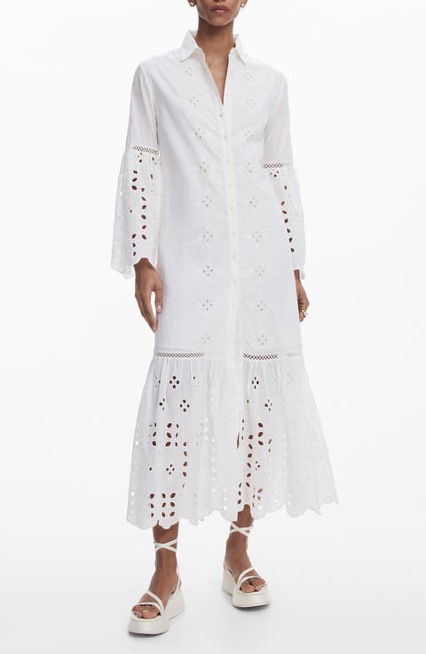 Eyelet Embroidery Long Sleeve Cotton Dress