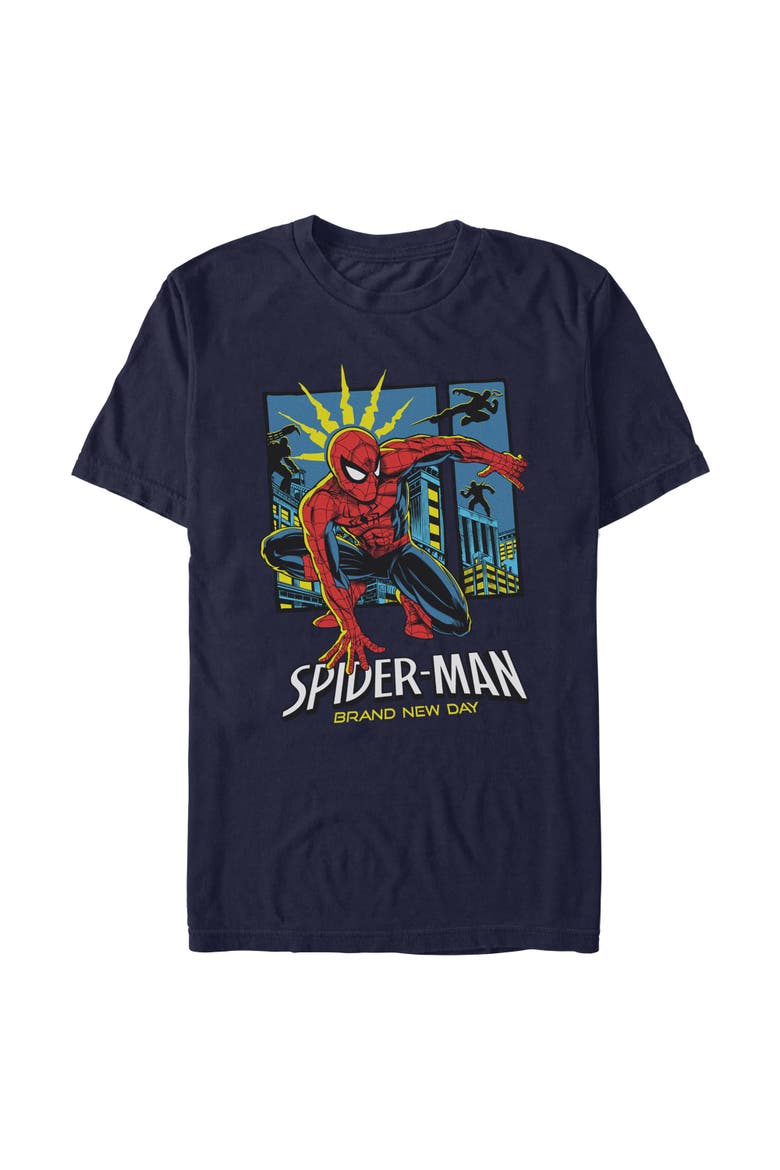 Mens Marvel Spider-Man Brand New Day Spidey Sense in Action T Shirt, Main, color, Navy Blue