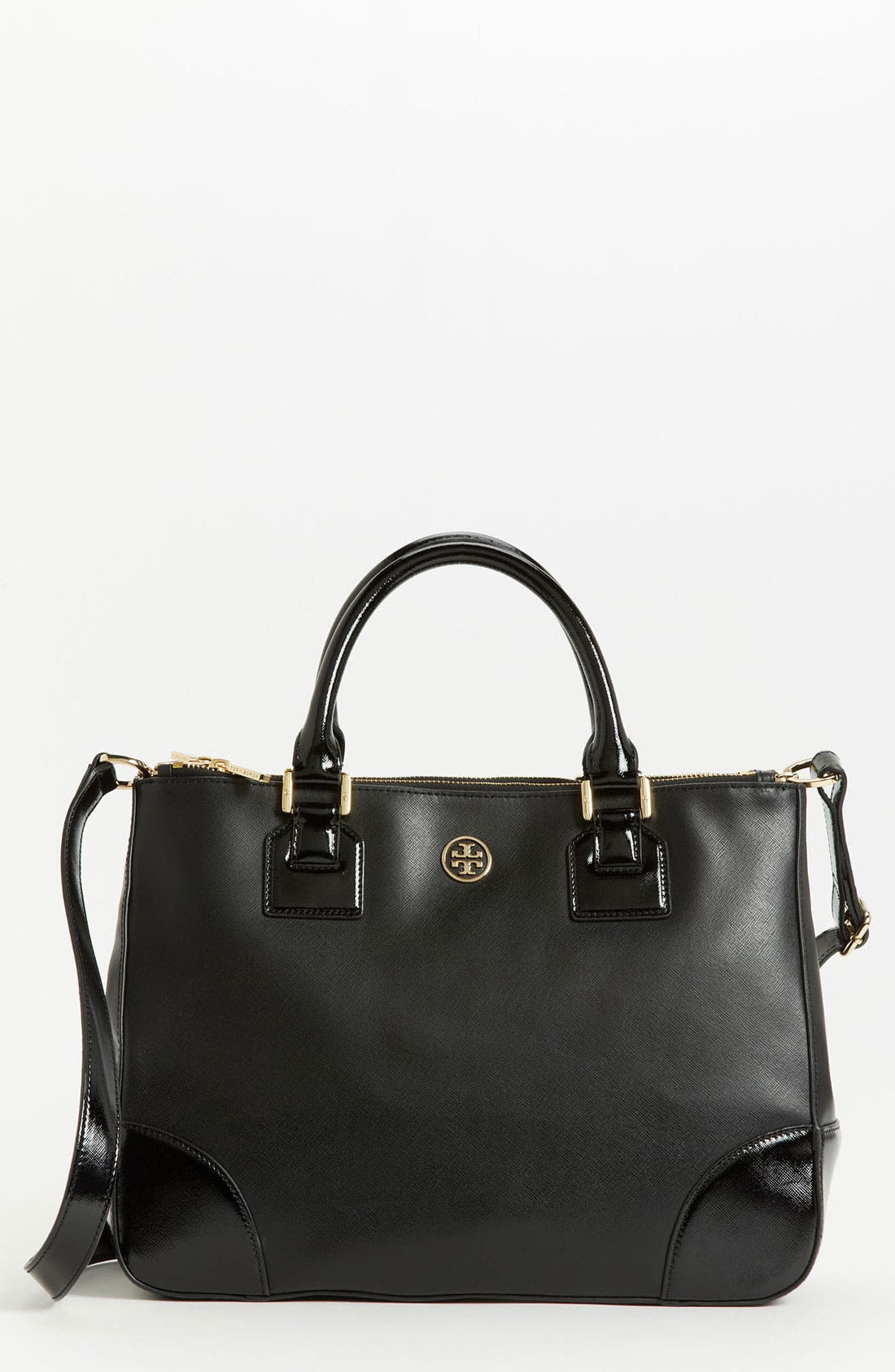 'Robinson' Double Zip Leather Tote, Main, color, BLACK