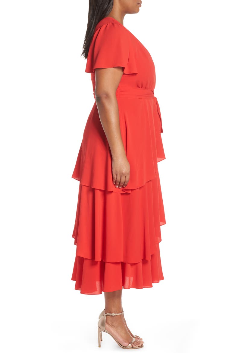 Tiered Faux Wrap Crepe Dress, Alternate, color, TOMATO