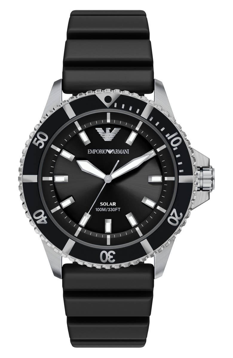 Emporio Armani World Explorer Solar Silicone Strap Watch, 42mm, Main, color, Black