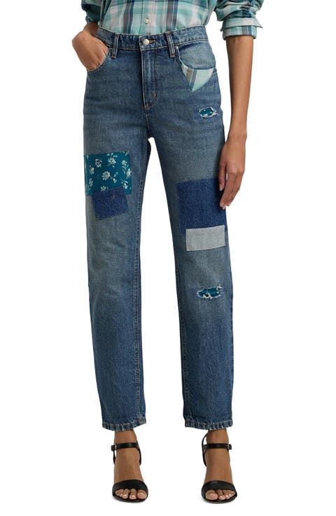 Patchwork Cotton Denim Straight Leg Jeans (Petite)