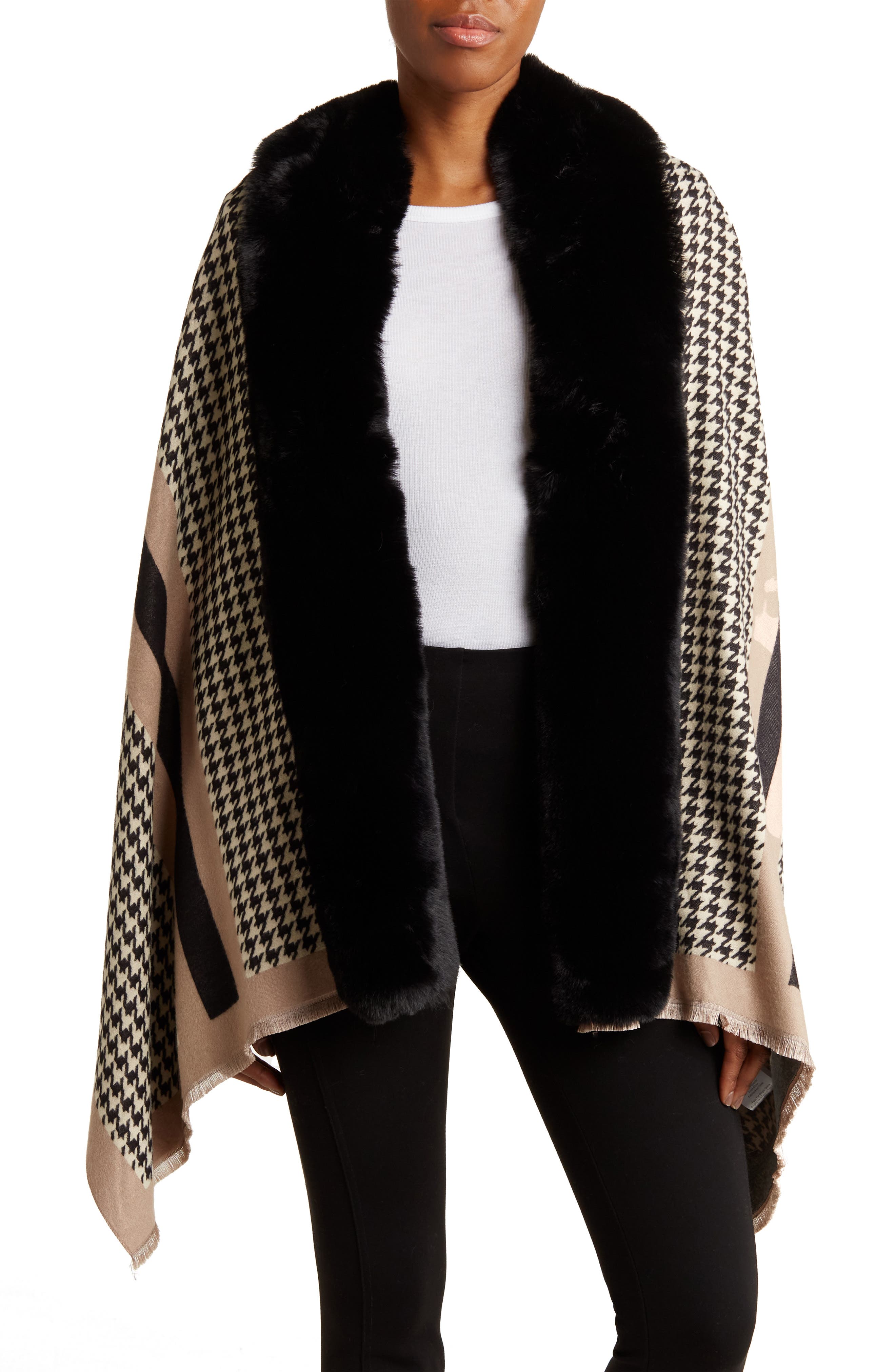La Fiorentina Houndstooth Wrap with Faux Fur Trim