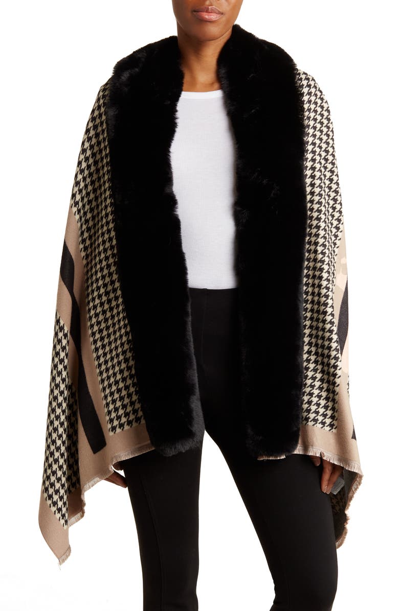 La Fiorentina Houndstooth Wrap with Faux Fur Trim, Main, color, Black