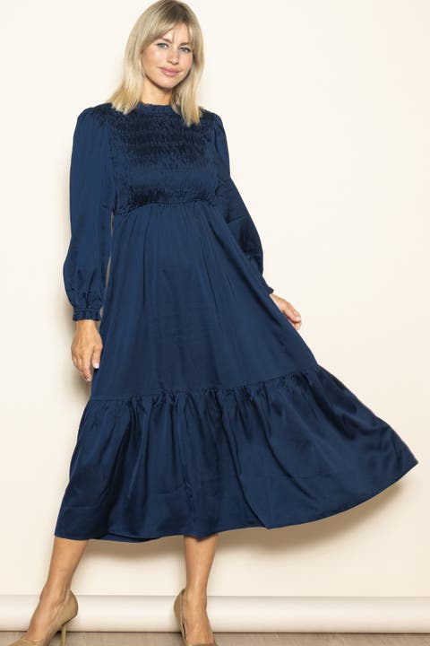 Mock Neck Satin Smocked Chest Dress