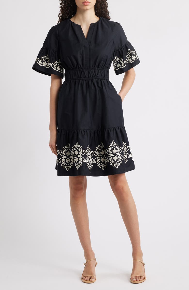 Vince Camuto Embroidered Smocked Waist Dress, Main, color, Black