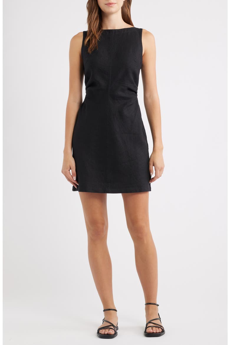 Boat Neck Shirred Linen Minidress, Alternate, color, JET BLACK