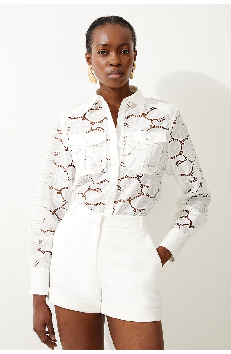 Karen Millen Cotton Cutwork Woven Shirt, Main, color, White