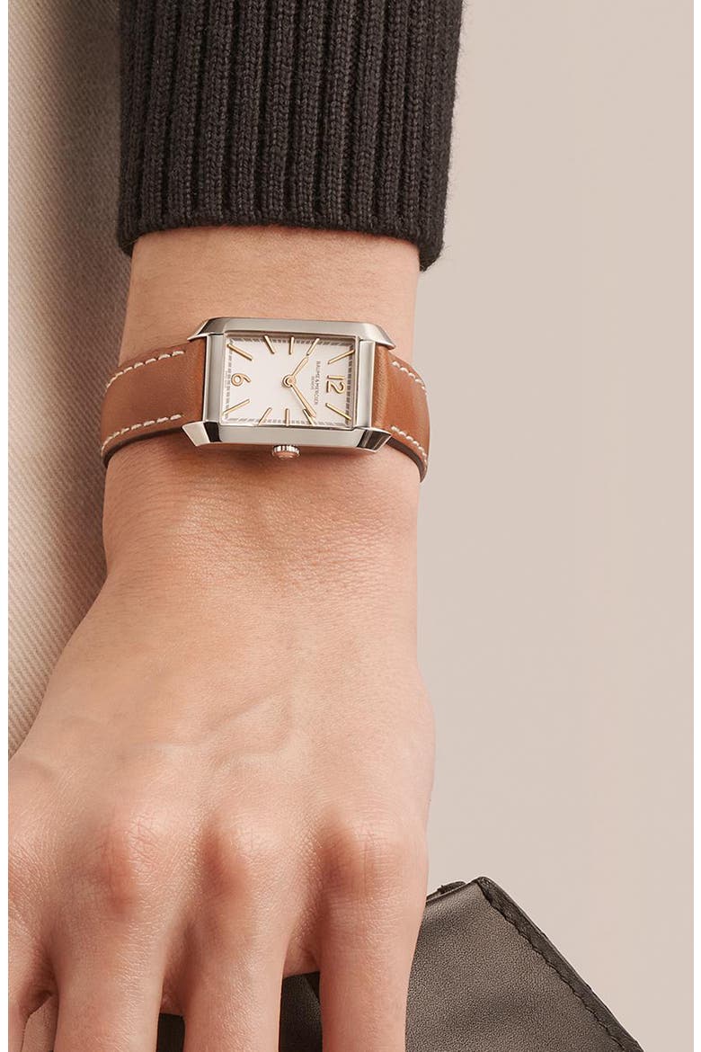Hampton 10472 Automatic Leather Strap Watch, 35mm, Alternate, color, SILVER