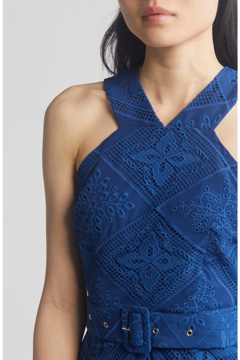 Braylee Lace Eyelet Belted Sleeveless Minidress, Alternate, color, NAVY