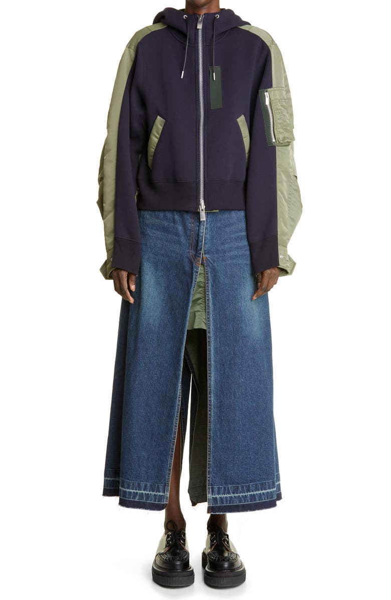 Sacai Hybrid Layered Denim & Nylon Twill Skirt, Alternate, color,