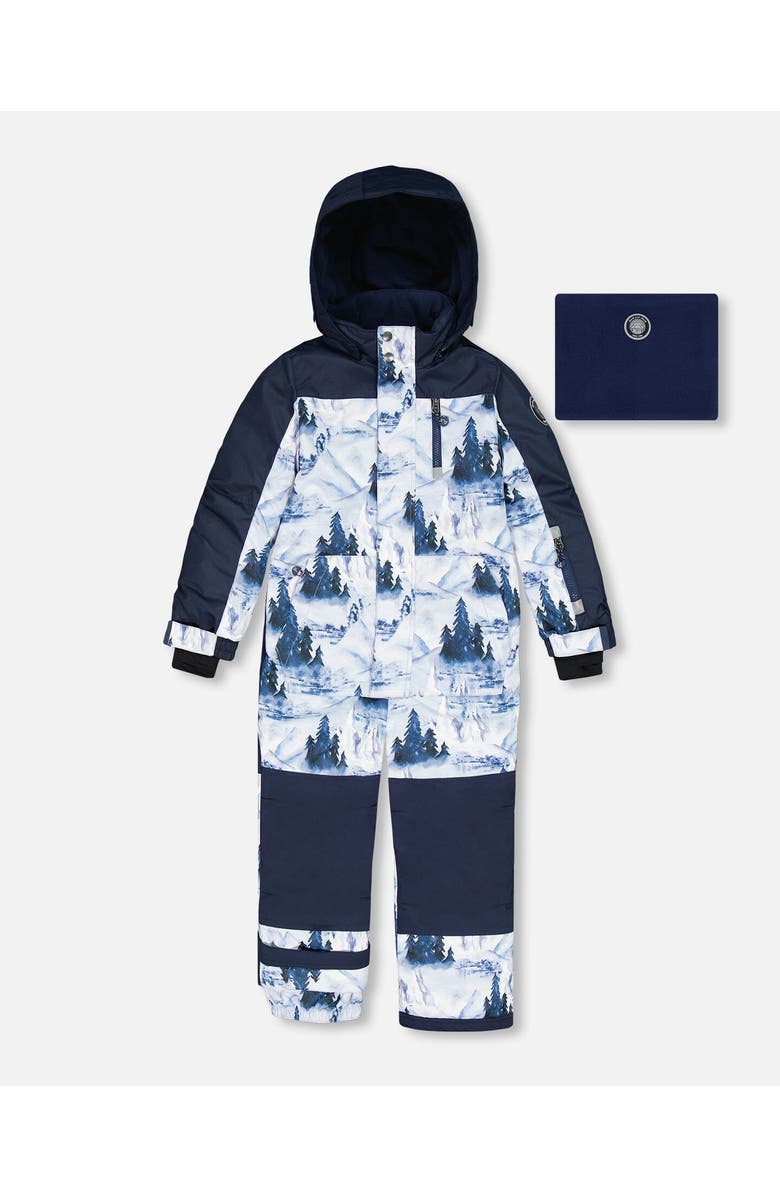 Deux par Deux Boy's One Piece Snowsuit Navy Blue Watercolor Pine Print, Main, color, 