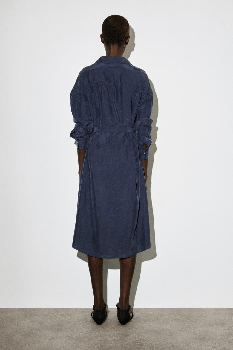 Gathered Washed-Silk Midi Shirt Dress, Alternate, color, NAVY